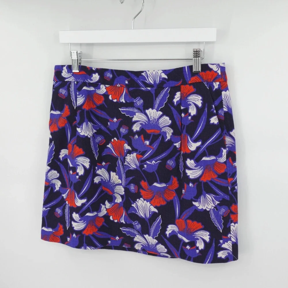 J Crew Mini Skirt 10 Blue Floral Print‎ Basketweave Mod Whimsical